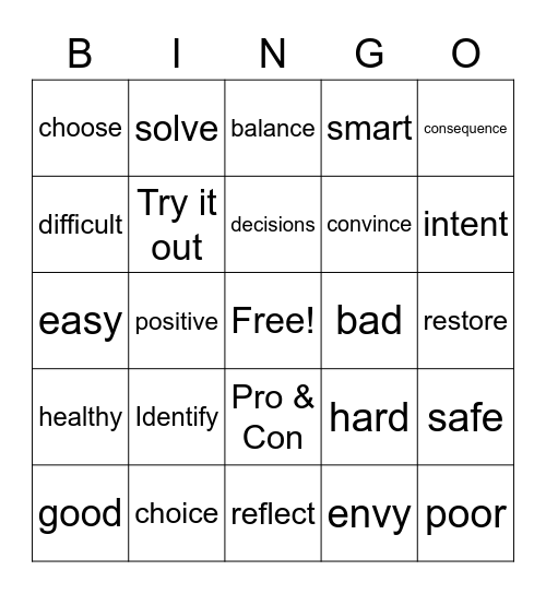 Good choices/ Good Decisons Bingo Card