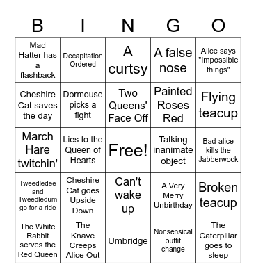 Alice in Wonderand Bingo Card