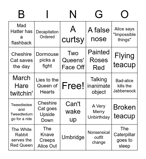Alice in Wonderand Bingo Card