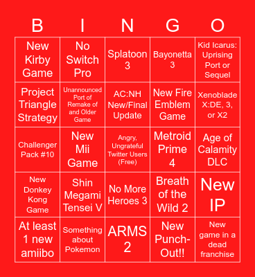 Nintendo E3 Bingo Card