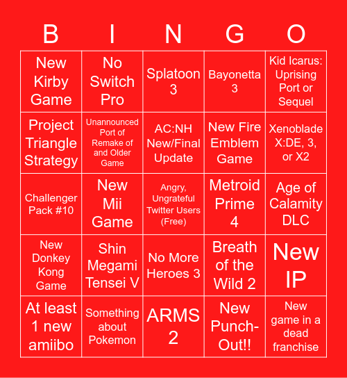 Nintendo E3 Bingo Card