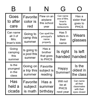 End of the School Year Bingo Card