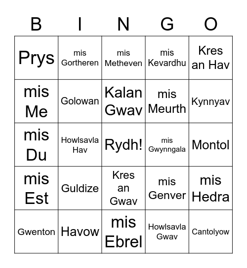 Months and Seasons Kernewek Bingo Card