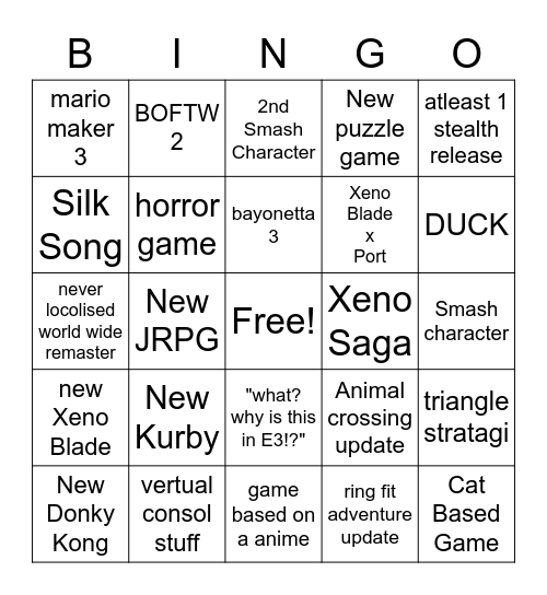 nintendo E3 Bingo Card