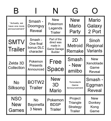 E3 - Nintendo Bingo Card