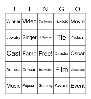 Hollywood Bingo Card