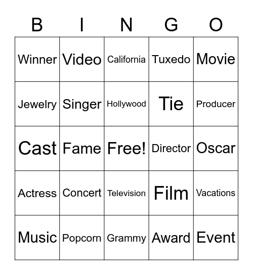 Hollywood Bingo Card