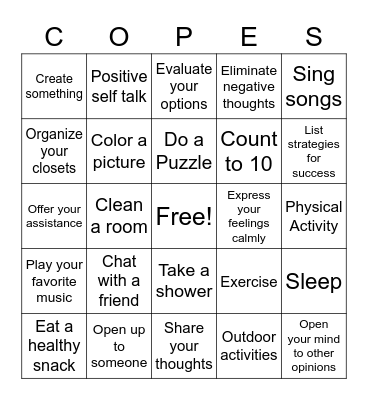 Coping Skills Bingo Card