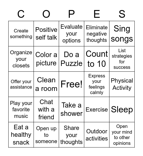 Coping Skills Bingo Card