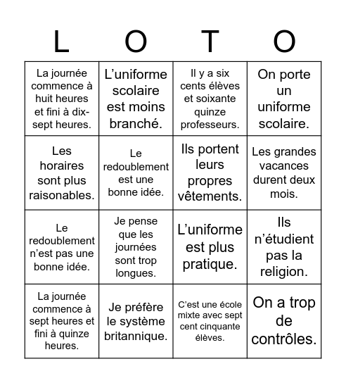 L'école chez nous, l'école chez vous Bingo Card