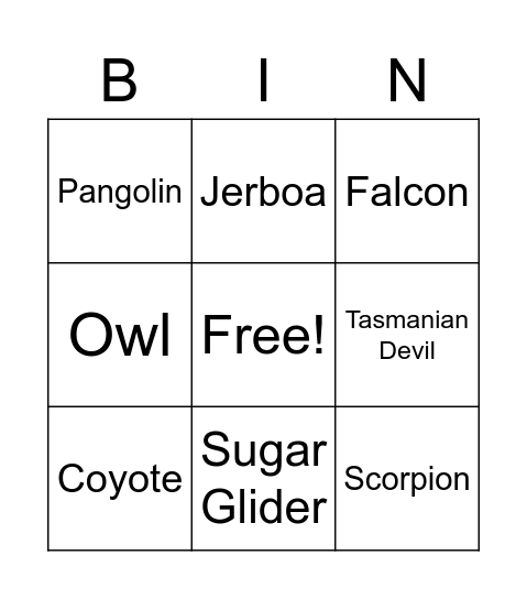 Nocturnal Animals Bingo Card