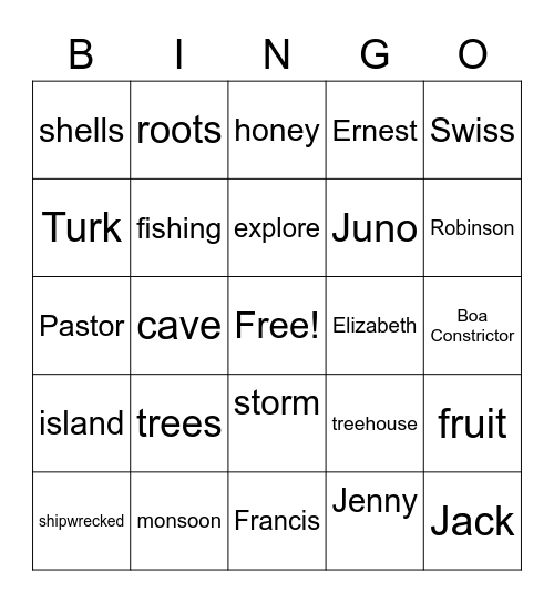 Swiss Family Robinson Bingo Card