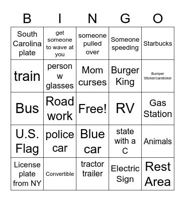 Roadtrip Bingo Card