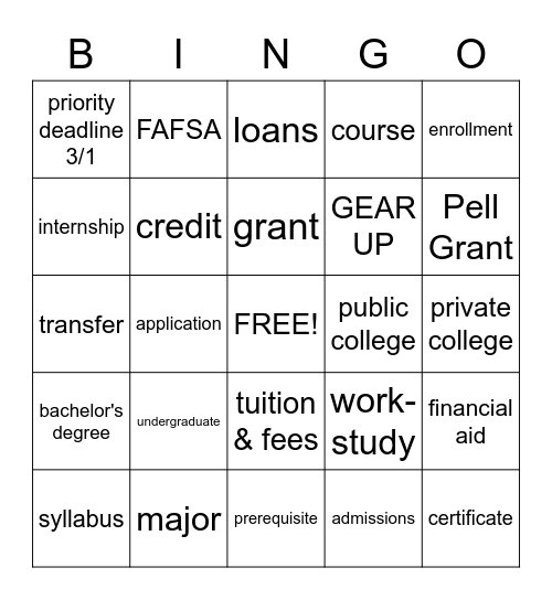 College Bingo Card