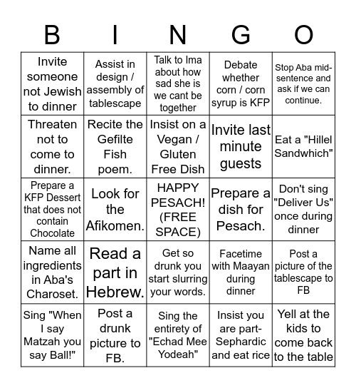 BICK PESACH BINGO -           The First Person to Get 5 in a Row Wins! Bingo Card