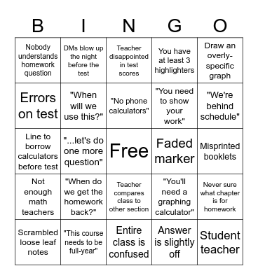 Math Class Bingo Card