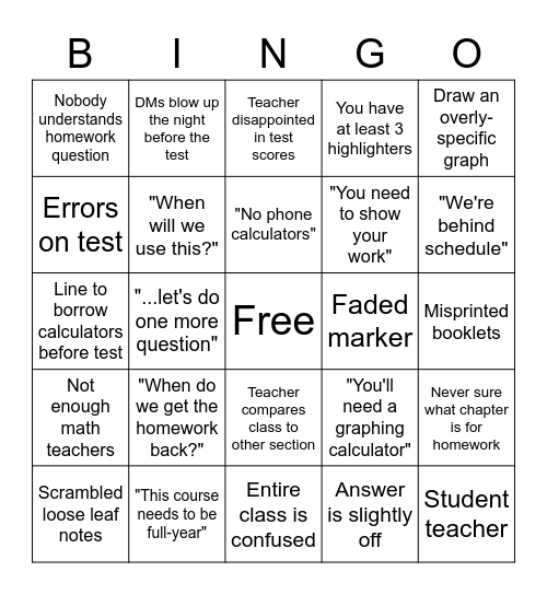 Math Class Bingo Card