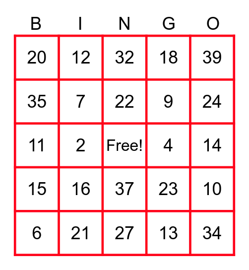Numbers 1-40 BINGO Card