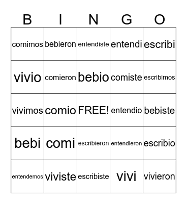 -ER and -IR Verbs in the Preterit Tense Bingo Card