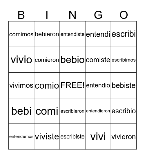 -ER and -IR Verbs in the Preterit Tense Bingo Card