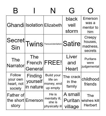 Romanticism Bingo Review Bingo Card