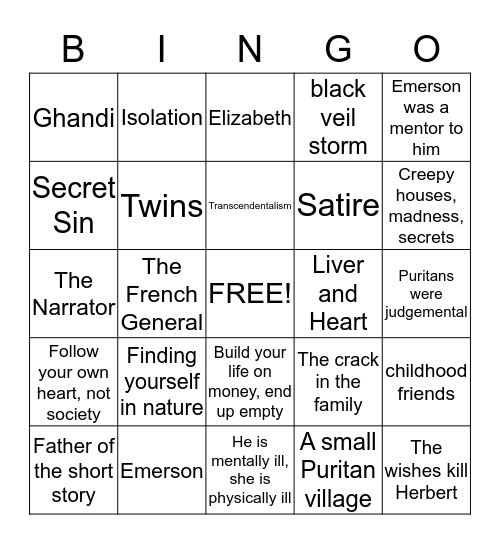 Romanticism Bingo Review Bingo Card