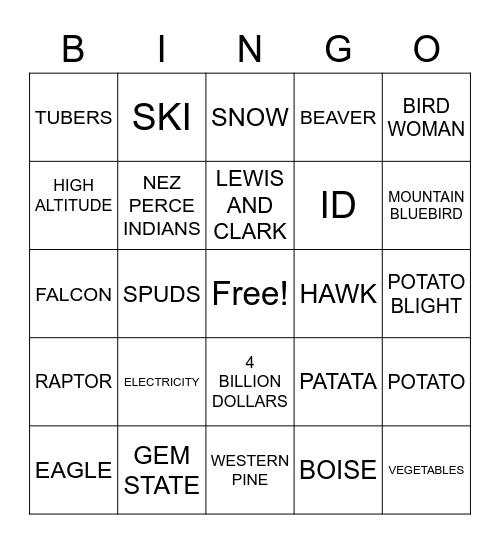 IDAHO Bingo Card