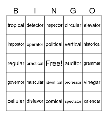 ical - ar Bingo Card