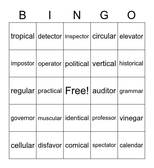 ical - ar Bingo Card