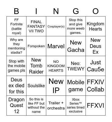 Squenix E3 2021 Bingo Card