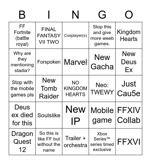 Squenix E3 2021 Bingo Card