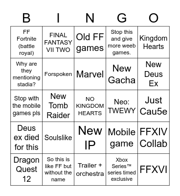 Squenix E3 2021 Bingo Card