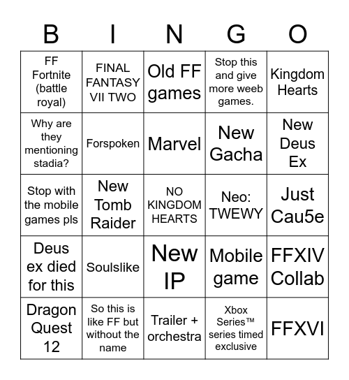 Squenix E3 2021 Bingo Card