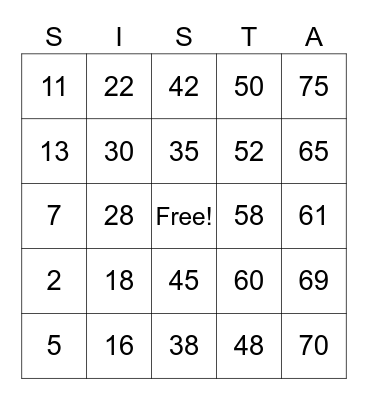 Numbers (1-75) Bingo Card
