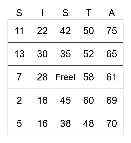 Numbers (1-75) Bingo Card