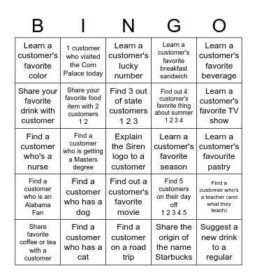 Customer Connection Bingo Card