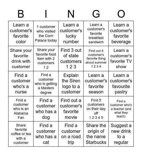 Customer Connection Bingo Card