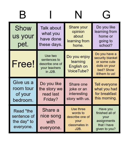 6/11 J2B Speaking Activity Bingo Card