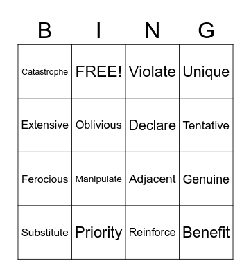 Vocabulary Bing Bingo Card