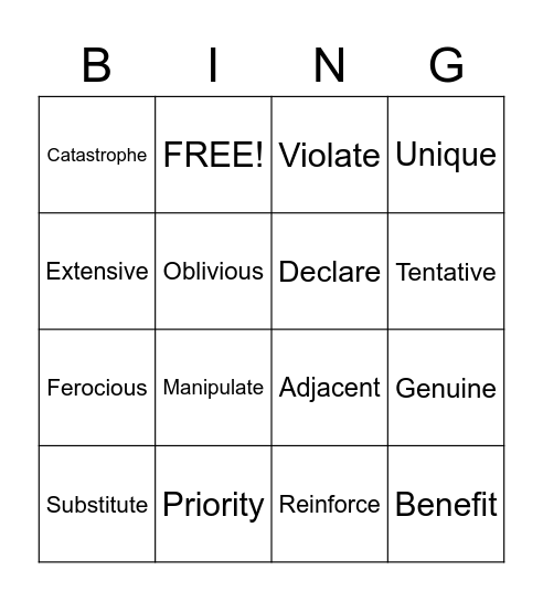 Vocabulary Bing Bingo Card