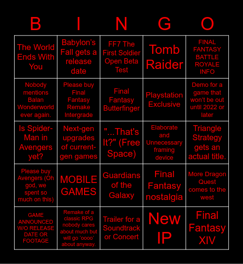 RaccoonViolet's Square Enix Bingo Card