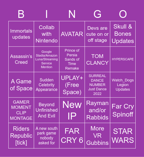 RaccoonViolet's Ubisoft Forward Bingo Card