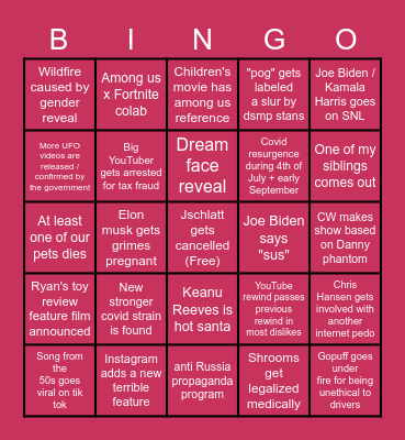 2nd 1/2 of 2021 bingo Card