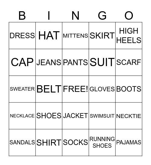 CLOTHING Bingo Card