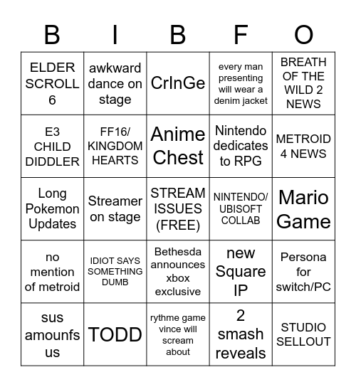 3E BIBFO Bingo Card