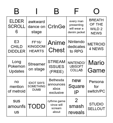 3E BIBFO Bingo Card