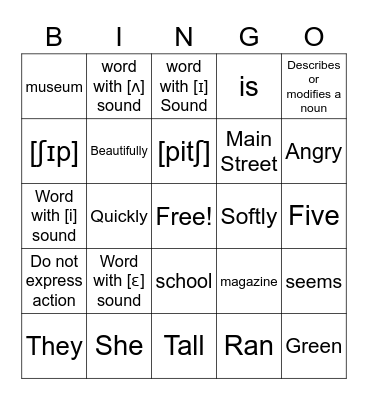 Parts of Speech & Vowel Sounds Bingo Card