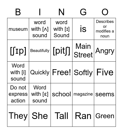 Parts of Speech & Vowel Sounds Bingo Card