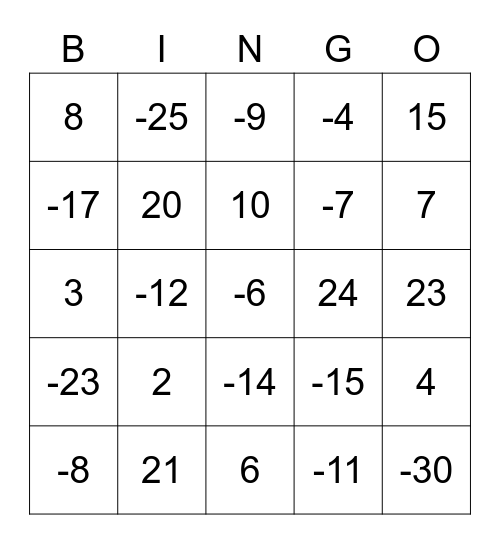 integer Bingo Card