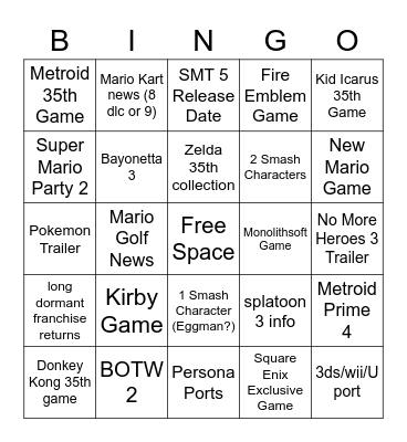 Nintendo E3 Bingo Card